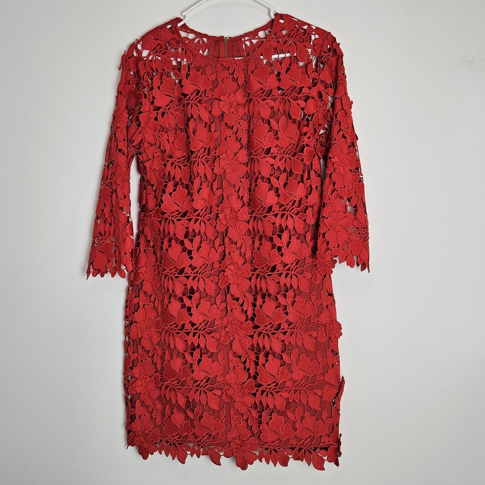 TRINA TURK Rowen Crochet Lace Dress Size 4 Back Zip Knee Length Floral Red USA
